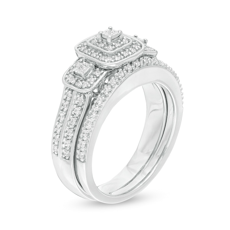 Main Image 3 of 1/3 CT. T.W. Composite Diamond Cushion Frame Three Stone Bridal Set in Sterling Silver