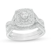 1/4 CT. T.W. Diamond Cushion and Round Triple Frame Twist Shank Bridal Set in Sterling Silver