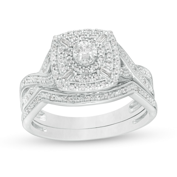 1/4 CT. T.w. Diamond Cushion and Round Triple Frame Twist Shank Bridal Set in Sterling Silver