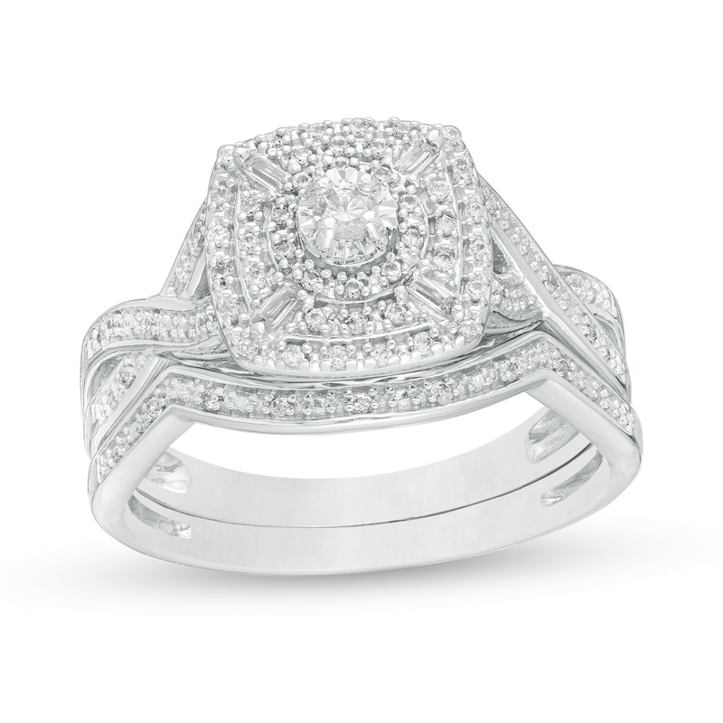 1/4 CT. T.W. Diamond Cushion and Round Triple Frame Twist Shank Bridal Set in Sterling Silver