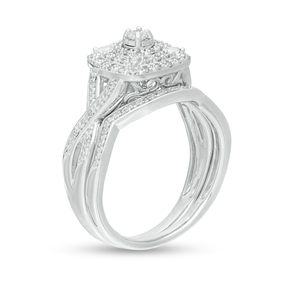 1/4 CT. T.w. Diamond Cushion and Round Triple Frame Twist Shank Bridal Set in Sterling Silver