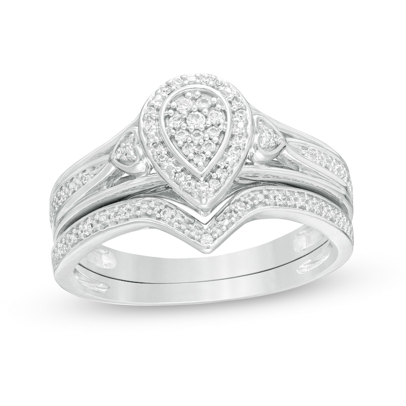 1/6 CT. T.W. Composite Diamond Pear-Shaped Frame Heart-Sides Bridal Set in Sterling Silver