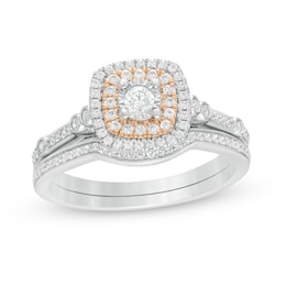3/8 CT. T.W. Composite Diamond Double Cushion Frame Bridal Set in 10K Two-Tone Gold