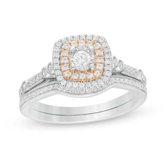 3/8 CT. T.w. Composite Diamond Double Cushion Frame Bridal Set in 10K Two-Tone Gold