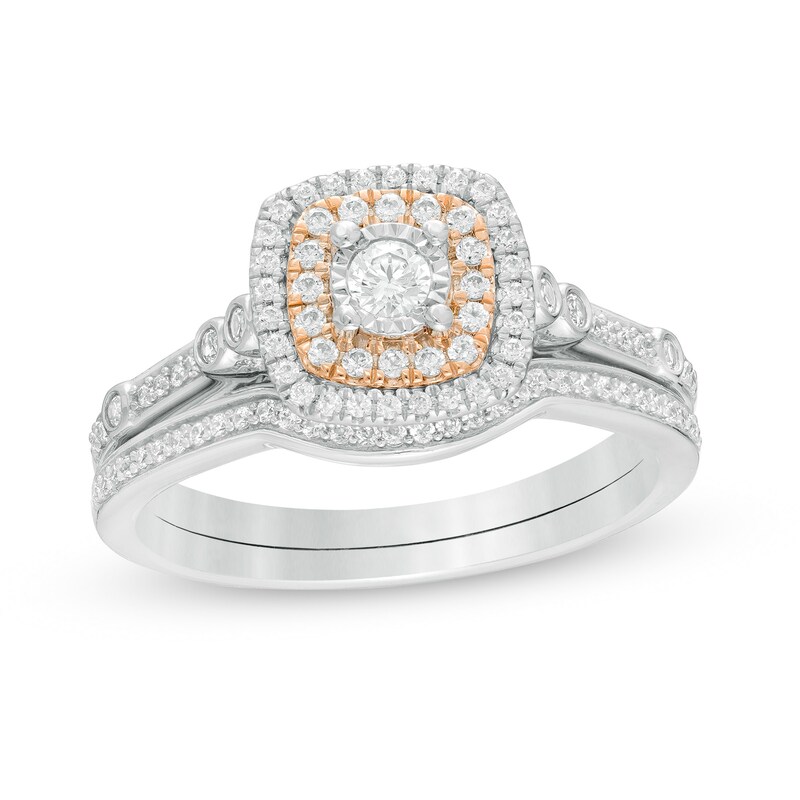 Main Image 1 of 3/8 CT. T.W. Composite Diamond Double Cushion Frame Bridal Set in 10K Two-Tone Gold