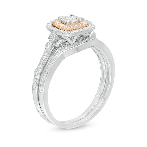 3/8 CT. T.w. Composite Diamond Double Cushion Frame Bridal Set in 10K Two-Tone Gold