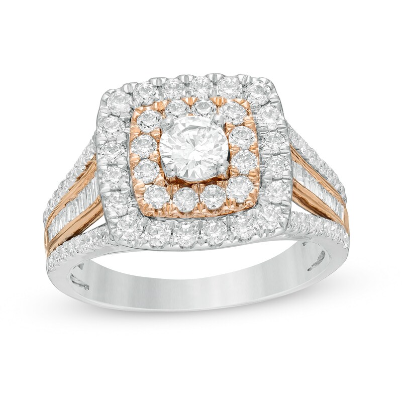 1-1/2 CT. T.W. Baguette and Round Diamond Cushion Frame Multi-Row Engagement Ring in 10K Two-Tone Gold