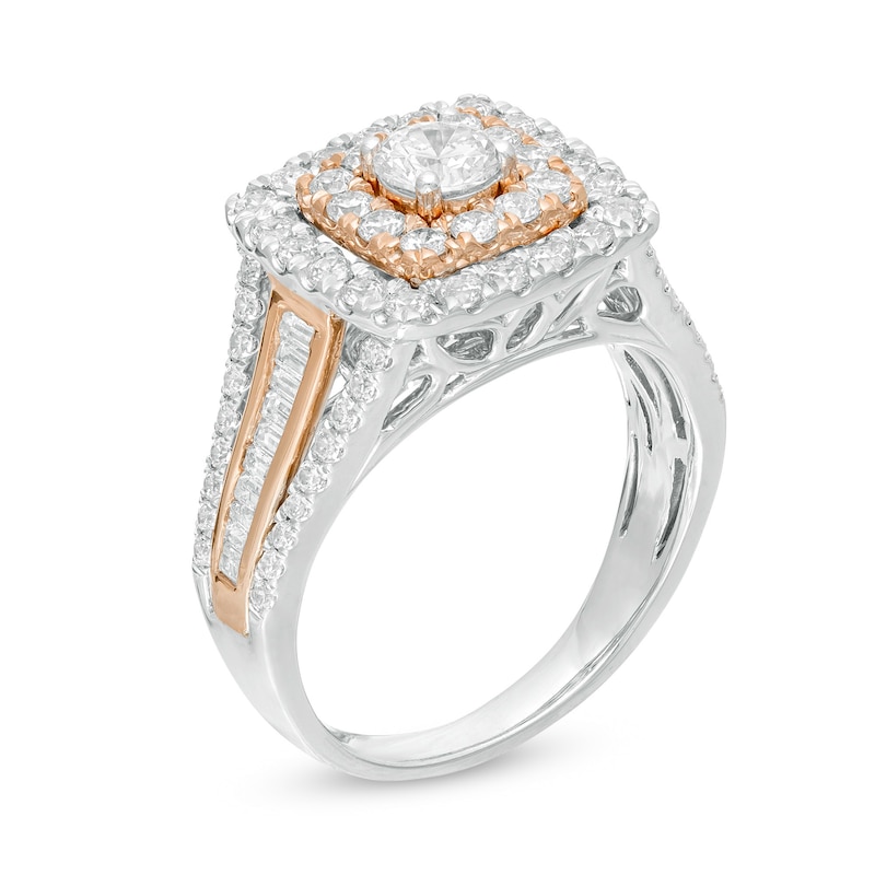 1-1/2 CT. T.W. Baguette and Round Diamond Cushion Frame Multi-Row Engagement Ring in 10K Two-Tone Gold