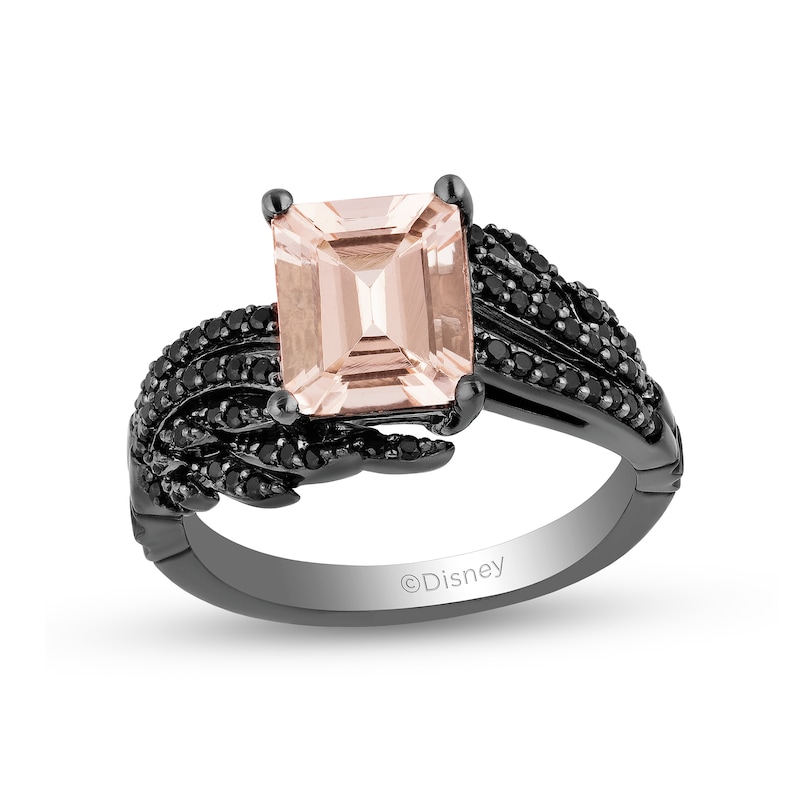 Enchanted Disney Villains Maleficent Octagonal Morganite and 1/3 CT. T.W. Black Diamond Ring in Sterling Silver