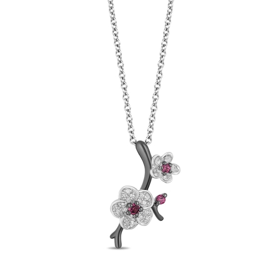 Enchanted Disney Mulan Live Action Rhodolite Garnet and 1/10 CT. T.w. Diamond Flower Pendant in Sterling Silver - 19"