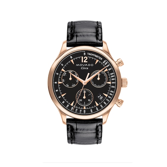 Men's Movado Heritage® Circa Chronograph Rose-Tone IP Strap Watch with Black Dial (Model: 3650109) Men's Movado Heritage® Circa Chronograph Rose-Tone IP Strap Watch with Black Dial (Model: 3650109)