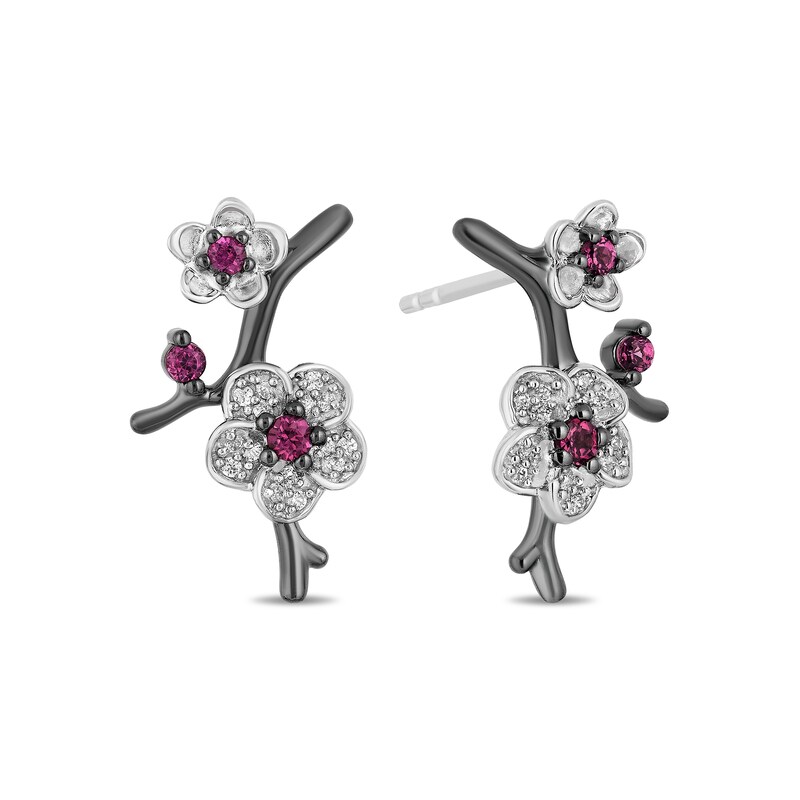 Main Image 1 of Enchanted Disney Mulan Live Action Rhodolite Garnet and 1/8 CT. T.W. Diamond Flower Drop Earrings in Sterling Silver