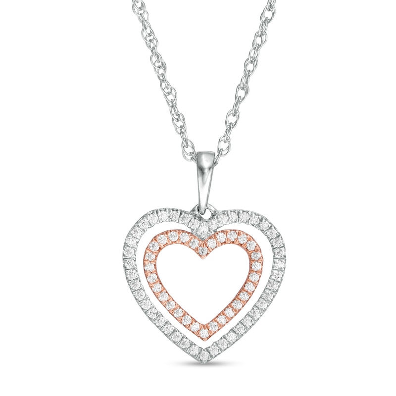 Main Image 1 of 1/4 CT. T.W. Diamond Double Heart Pendant in Sterling Silver and 10K Rose Gold