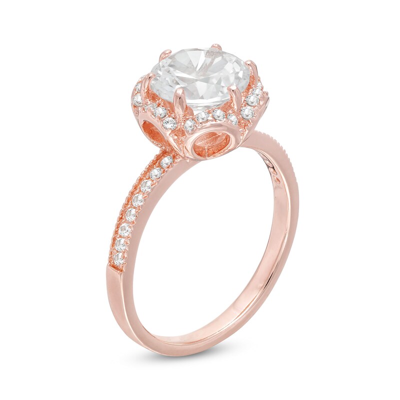 8.0mm Lab-Created White Sapphire Scallop Frame Ring in Sterling Silver with 14K Rose Gold Plate