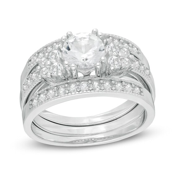 6.0mm Lab-Created White Sapphire Quad-Sides Three Piece Vintage-Style Bridal Set in Sterling Silver 6.0mm Lab-Created White Sapphire Quad-Sides Three Piece Vintage-Style Bridal Set in Sterling Silver