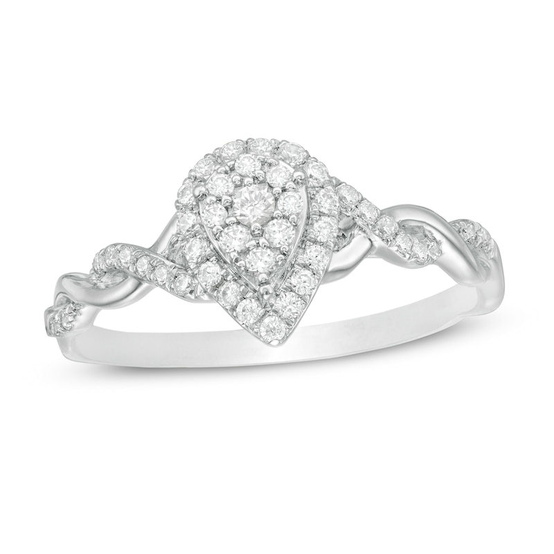 Main Image 1 of 1/4 CT. T.W. Composite Pear Diamond Frame Twist Shank Engagement Ring in 10K White Gold