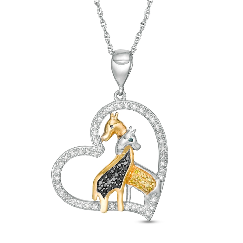 Main Image 1 of 1/5 CT. T.W. Enhanced Multi-Color and White Diamond Giraffes Heart Pendant in Sterling Silver and 14K Gold Plate
