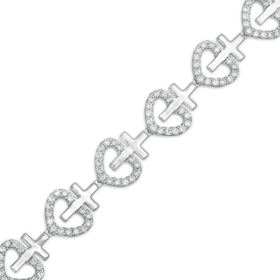 2 CT. T.w. Diamond Heart and Cross Link Bracelet in Sterling Silver - 7.5"