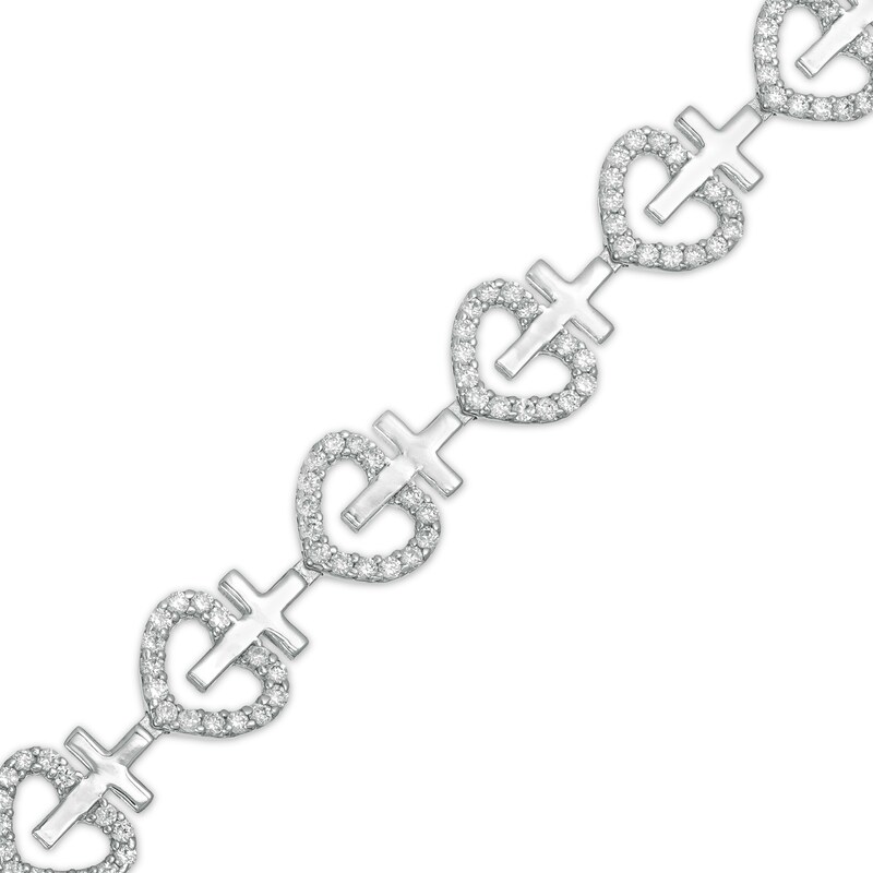 Main Image 1 of 2 CT. T.W. Diamond Heart and Cross Link Bracelet in Sterling Silver - 7.5"