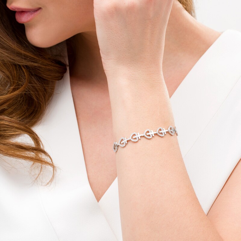 Main Image 2 of 2 CT. T.W. Diamond Heart and Cross Link Bracelet in Sterling Silver - 7.5"