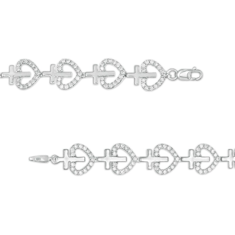 Main Image 3 of 2 CT. T.W. Diamond Heart and Cross Link Bracelet in Sterling Silver - 7.5"