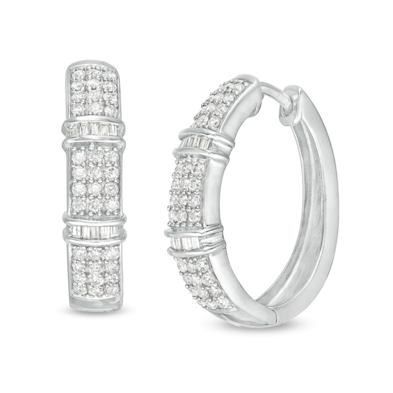 1 CT. T.w. Baguette and Round Diamond Triple Line Hoop Earrings in Sterling Silver