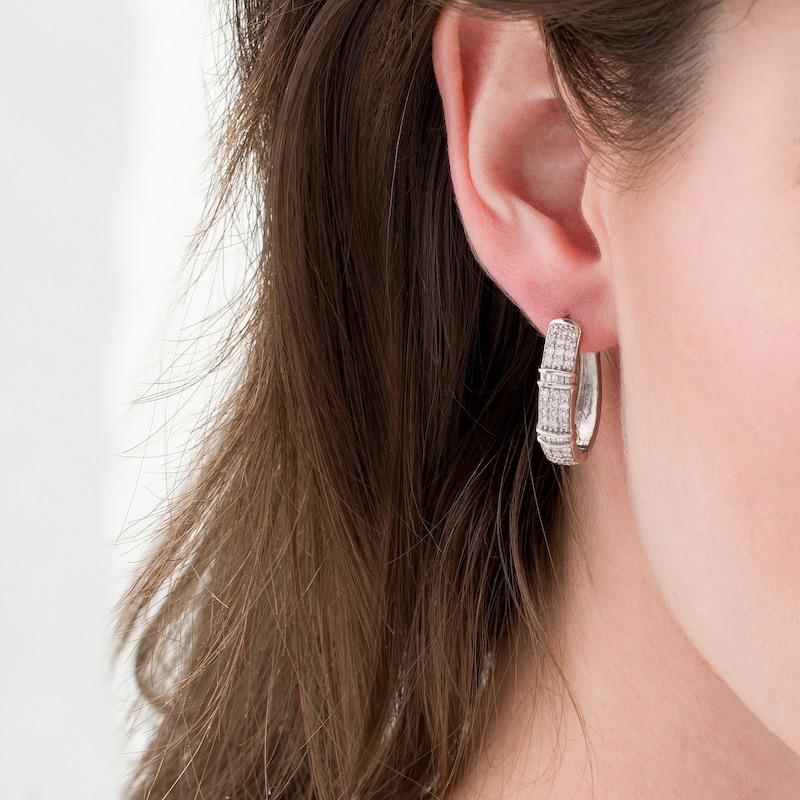 Main Image 2 of 1 CT. T.W. Baguette and Round Diamond Triple Line Hoop Earrings in Sterling Silver