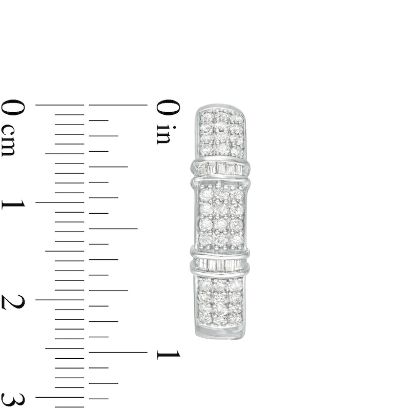 Main Image 3 of 1 CT. T.W. Baguette and Round Diamond Triple Line Hoop Earrings in Sterling Silver