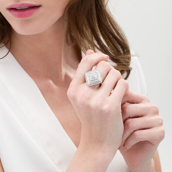 2 CT. T.w. Baguette and Round Composite Diamond Cushion Frame Ring in Sterling Silver