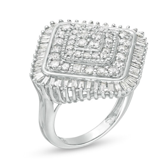 2 CT. T.w. Baguette and Round Composite Diamond Cushion Frame Ring in Sterling Silver