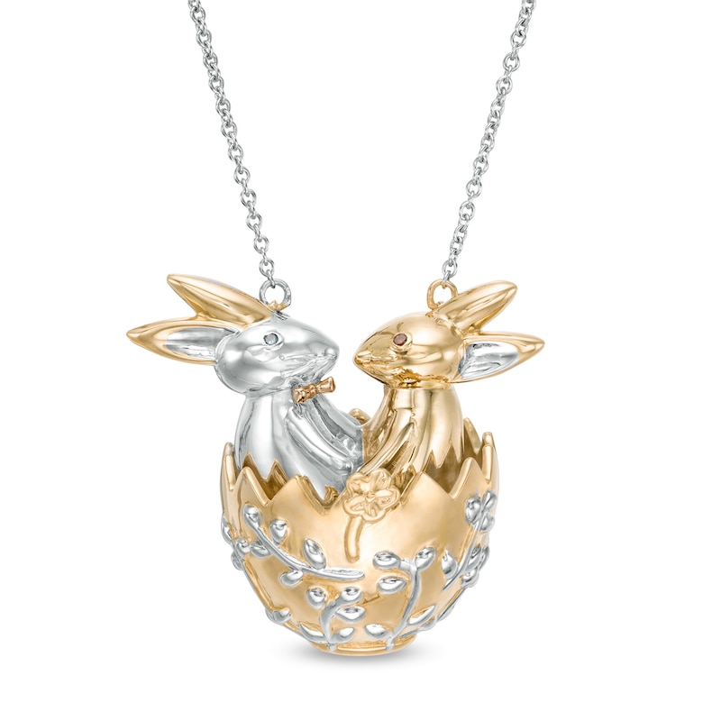 Main Image 1 of Enhanced Red and Blue Diamond Accent Rabbits and Egg Necklace in Sterling Silver and 14K Two-Tone Gold Plate