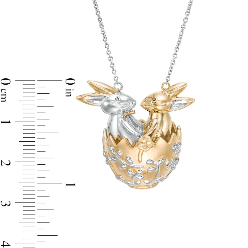 Enhanced Red and Blue Diamond Accent Rabbits and Egg Necklace in Sterling Silver and 14K Two-Tone Gold Plate