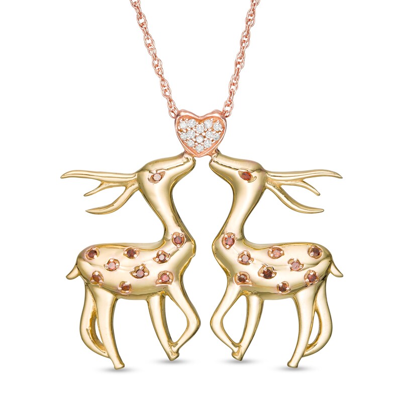 1/10 CT. T.W. Enhanced Red and White Diamond Deer and Heart Pendant in Sterling Silver with 14K Two-Tone Gold Plate