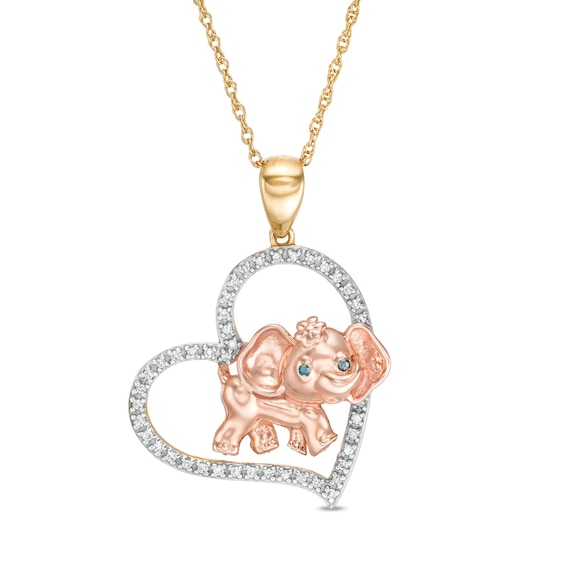 1/10 CT. T.w. Enhanced Blue and White Diamond Elephant and Heart Pendant in Sterling Silver and 14K Two-Tone Gold Plate