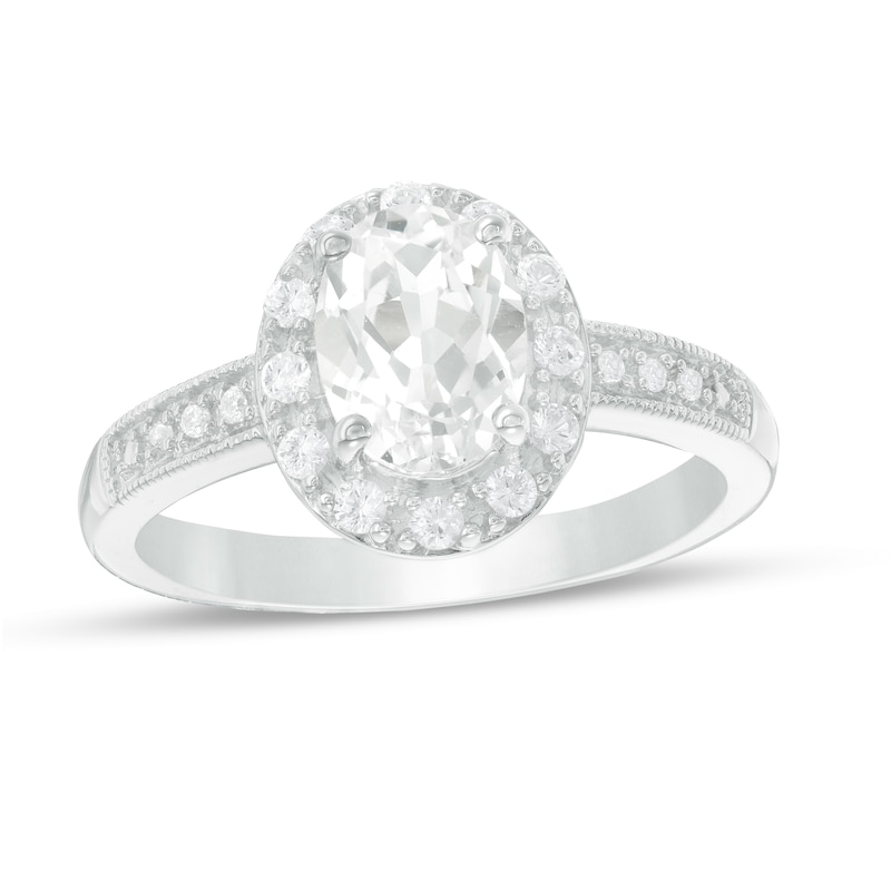 Main Image 1 of Oval Lab-Created White Sapphire Frame Vintage-Style Ring in Sterling Silver