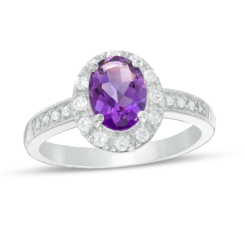 Oval Amethyst and Lab-Created White Sapphire Frame Ring in Sterling Silver