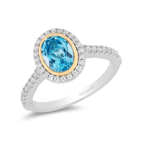Enchanted Disney Jasmine Oval Swiss Blue Topaz and 1/4 CT. T.w. Diamond Frame Engagement Ring in 14K Two-Tone Gold