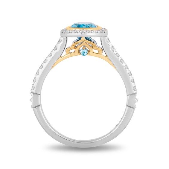 Enchanted Disney Jasmine Oval Swiss Blue Topaz and 1/4 CT. T.w. Diamond Frame Engagement Ring in 14K Two-Tone Gold