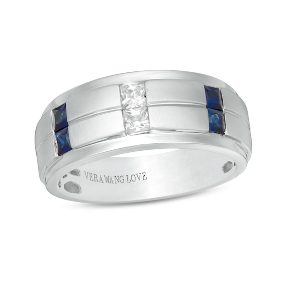 Vera Wang Men's 1/4 CT. T.w. Square-Cut Diamond and Blue Sapphire Wedding Band in 14K White Gold