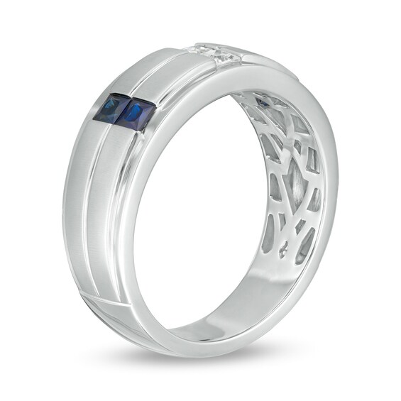 Vera Wang Men's 1/4 CT. T.w. Square-Cut Diamond and Blue Sapphire Wedding Band in 14K White Gold