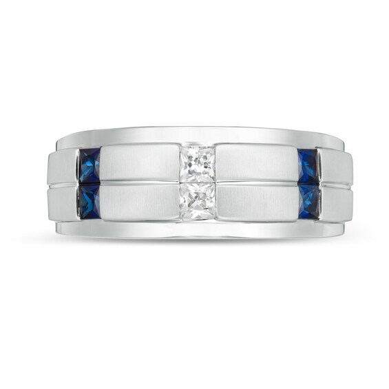 Vera Wang Men's 1/4 CT. T.w. Square-Cut Diamond and Blue Sapphire Wedding Band in 14K White Gold