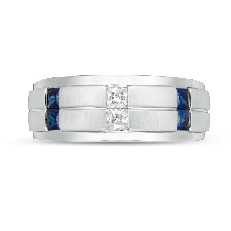 Vera Wang Love Collection Men's 1/4 CT. T.W. Square-Cut Diamond and Blue Sapphire Wedding Band in 14K White Gold