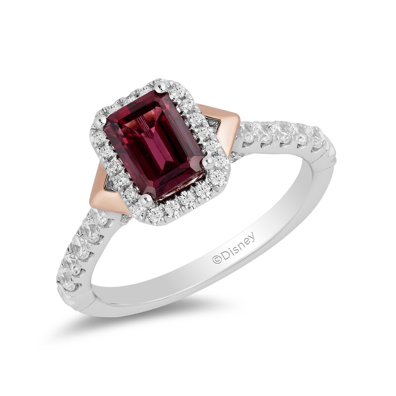 Enchanted Disney Mulan Emerald-Cut Rhodolite Garnet and 1/2 CT. T.W. Diamond Frame Engagement Ring in 14K Two-Tone Gold