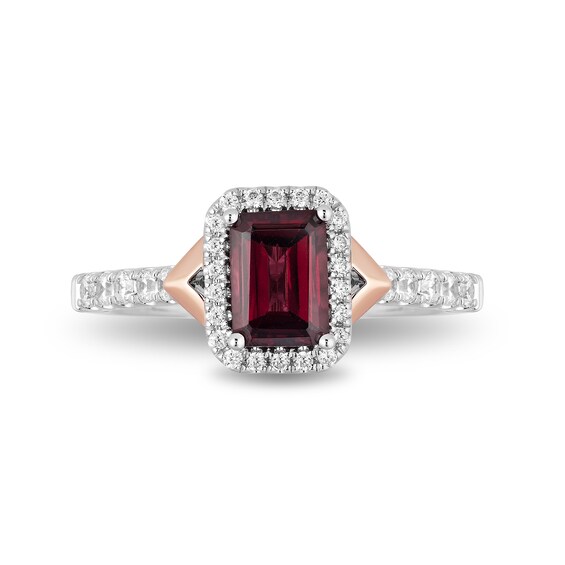 Enchanted Disney Mulan Emerald-Cut Rhodolite Garnet and 1/2 CT. T.w. Diamond Frame Engagement Ring in 14K Two-Tone Gold