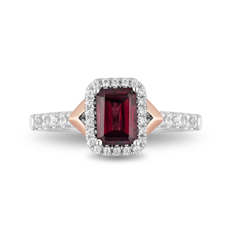 Enchanted Disney Mulan Emerald-Cut Rhodolite Garnet and 1/2 CT. T.W. Diamond Frame Engagement Ring in 14K Two-Tone Gold