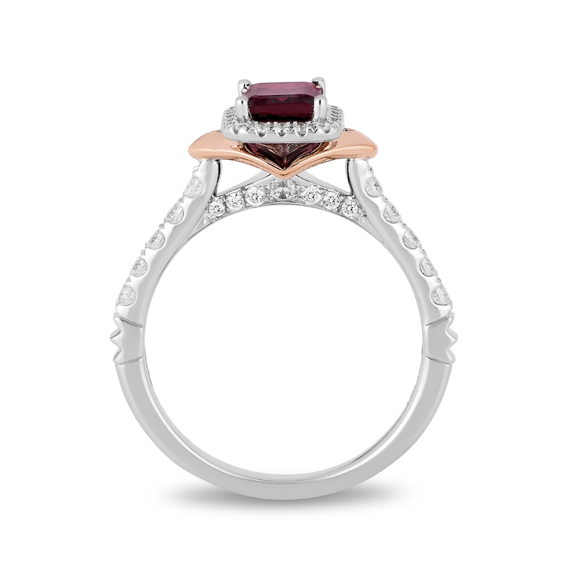 Enchanted Disney Mulan Emerald-Cut Rhodolite Garnet and 1/2 CT. T.W. Diamond Frame Engagement Ring in 14K Two-Tone Gold