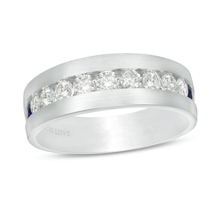 Vera Wang Men's 1 CT. T.W. Diamond and Blue Sapphire Eleven Stone Wedding Band in 14K White Gold