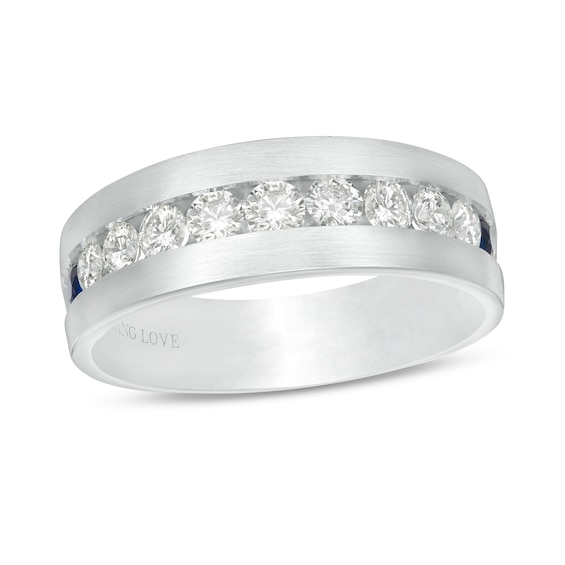 Vera Wang Men's 1 CT. T.w. Diamond and Blue Sapphire Eleven Stone Wedding Band in 14K White Gold