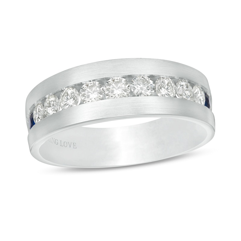 Vera Wang Love Collection Men's 1 CT. T.W. Diamond and Blue Sapphire Eleven Stone Wedding Band in 14K White Gold