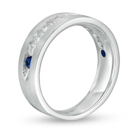 Vera Wang Men's 1 CT. T.w. Diamond and Blue Sapphire Eleven Stone Wedding Band in 14K White Gold